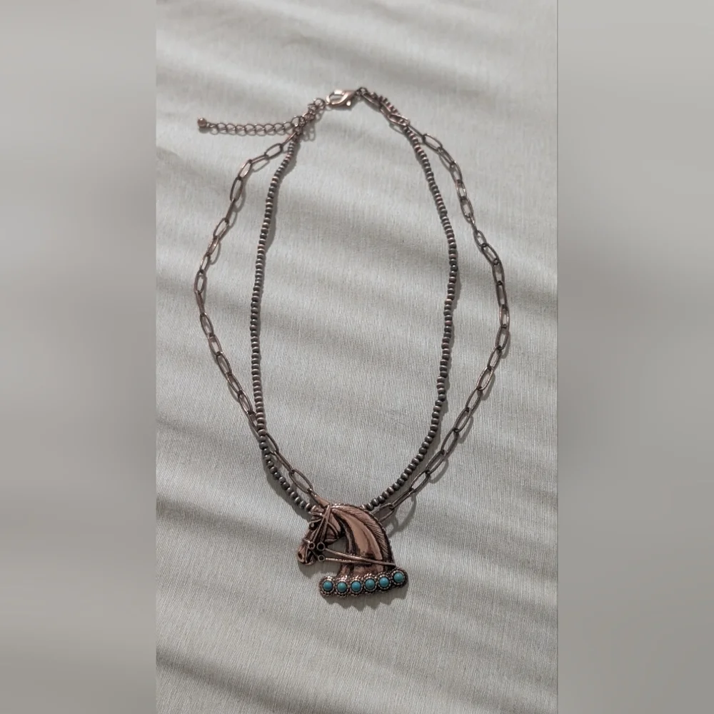 Bronze and Turquoise Horse Pendant Necklace